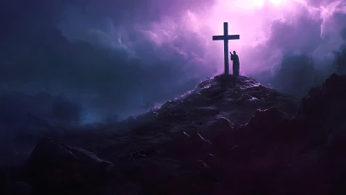 Solitary figure prays beneath glowing cross in stormy dusk