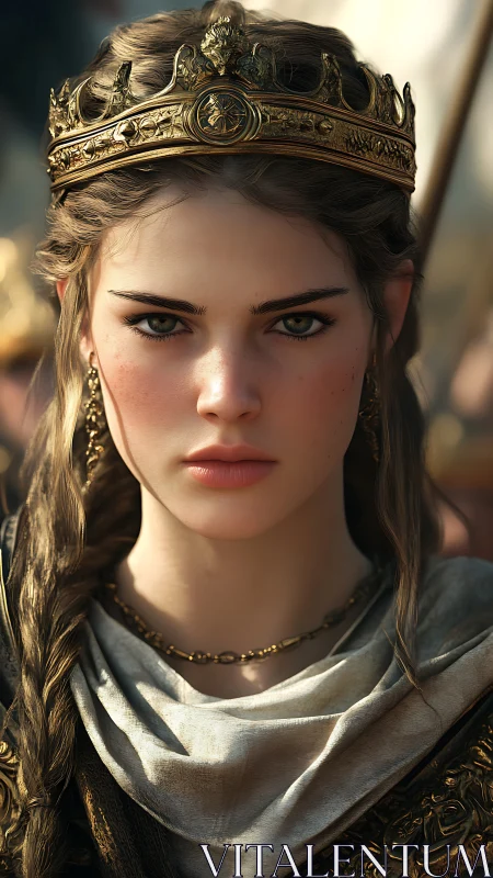 Medieval crowned woman in detailed regal attire portrait.