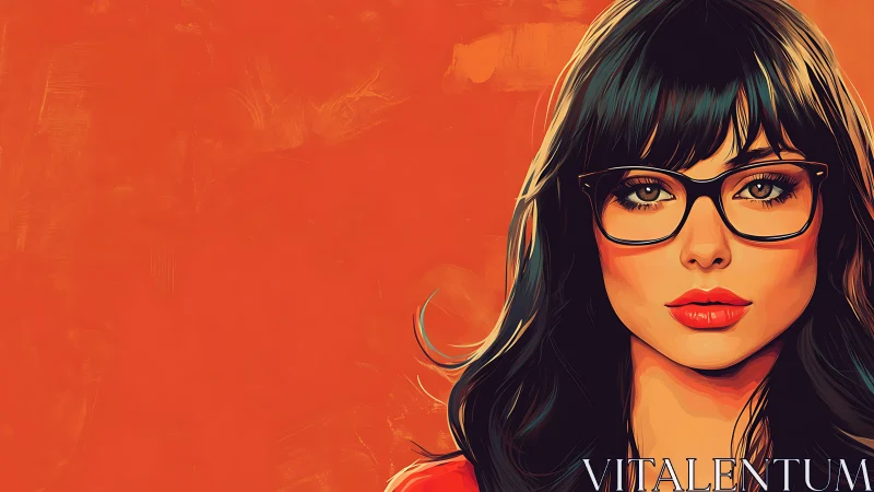 Stylized portrait of woman with glasses on orange background.