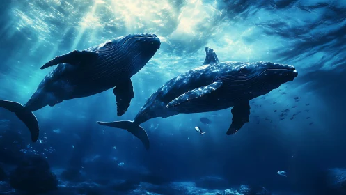Bihumpback cetaceans cruising through volumetric caustics.