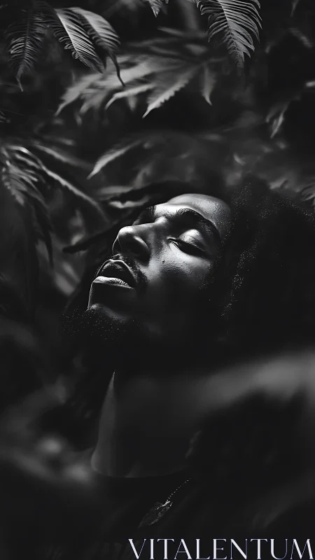 Monochrome portrait in deep foliage with directional rim light.