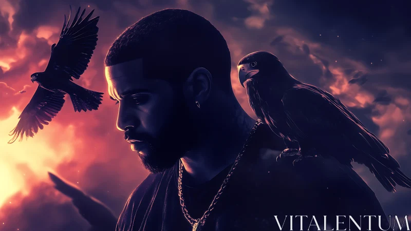 Digital portrait of brooding man with ravens at sunset.