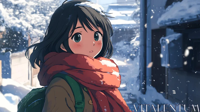 Snowy afternoon stroll with a shy girl in a bright scarf