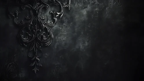 Dark baroque ornamental relief on textured black wall.