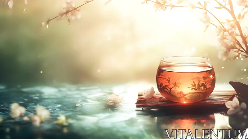 Glass tea cup with floral motifs on reflective surface.