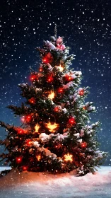Snow covered outdoor Christmas tree lit with warm lights.