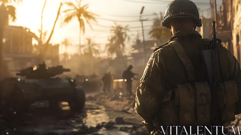 Morning dust swallows armored columns and a lone soldier