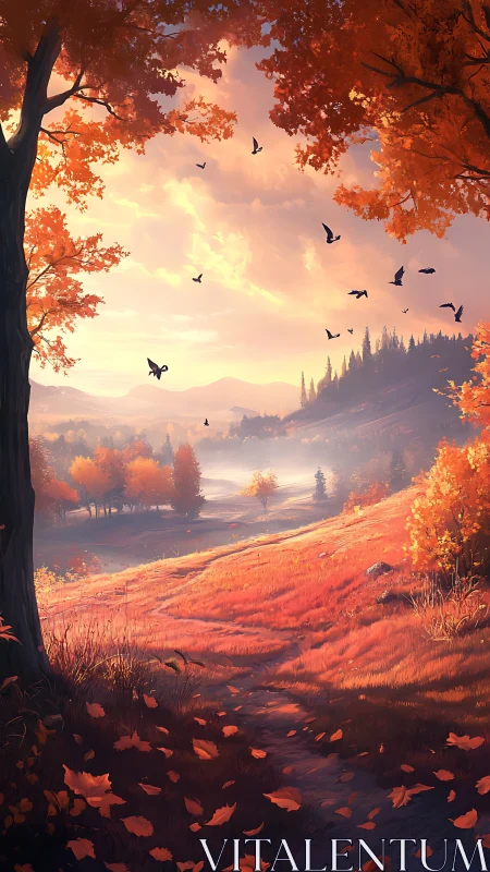 Crimson valley path under birds and molten autumn light.