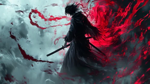 Dark swordsman commands swirling red energy storm.