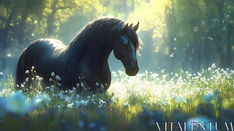 Black horse stands in sunlit wildflower meadow in forest