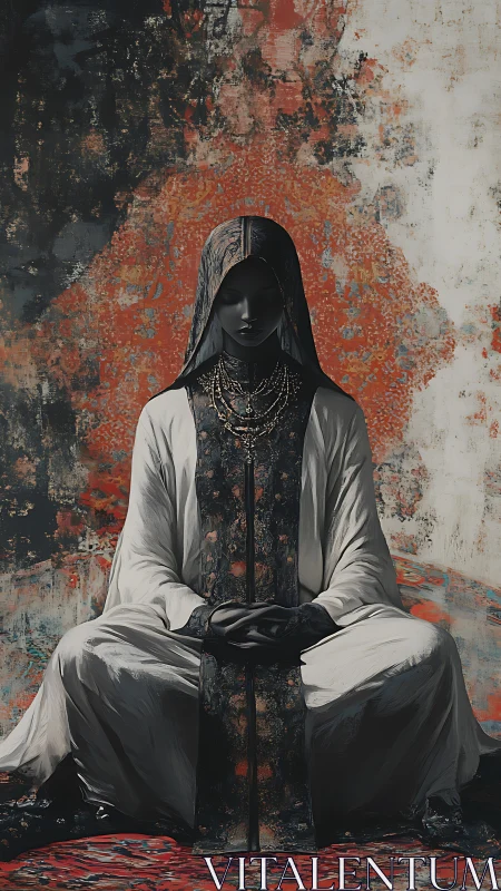 Calm robed figure resting in rich patterned stillness.