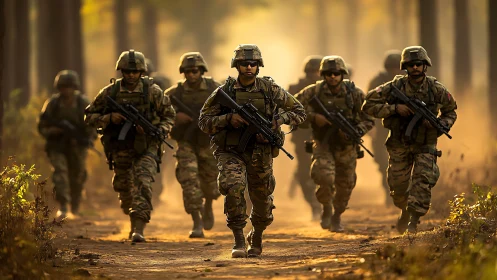 Combat unit advances through sunlit forest trail under fire