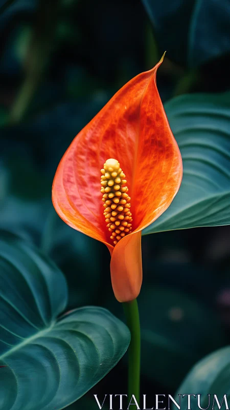 Red Anthurium Flower with Golden Spadix Against Teal Foliage.