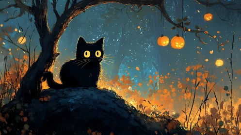 Black Cat on Hill Under Autumn Moon.