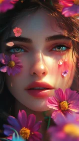 Hyperreal floral portrait of young woman with tearful gaze