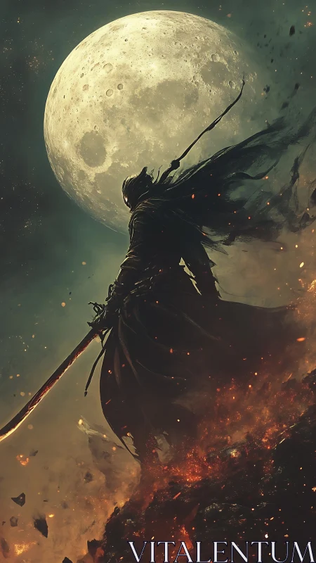 Lunar backlit sword warrior in volcanic ember stormed night