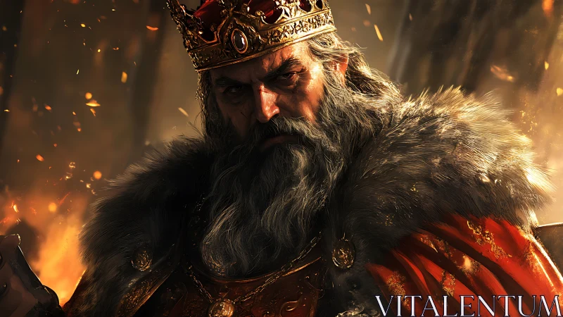 Battle-scarred king glares through embers in his burning hall