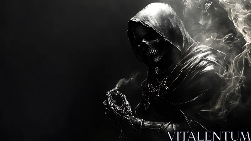 Hooded skeletal wraith in chiaroscuro metallic rendering