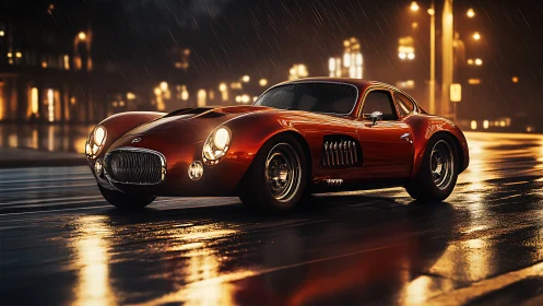 Midnight crimson supercar glides through rainlit city streets.