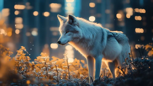 Lone white wolf glows softly against distant city lights at dusk