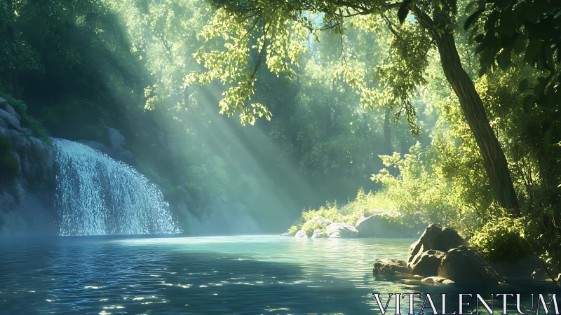 Sunlit forest waterfall pours into tranquil emerald pool.