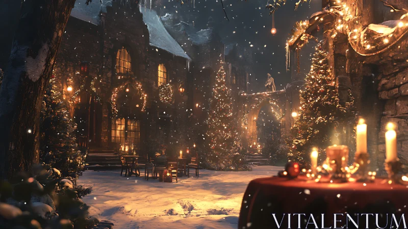 Snowy courtyard Christmas feast under golden candlelight.