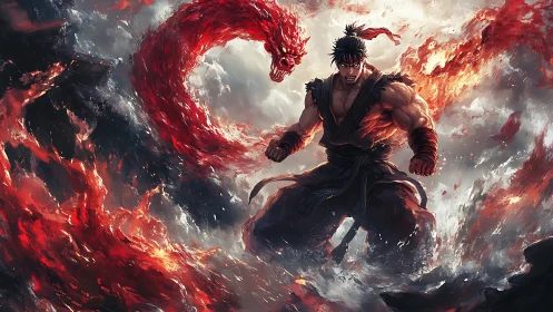 Martial artist with fire dragon in turbulent inferno scene.