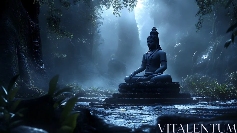 Rain-soaked jungle shrine cradling a moonlit stone Buddha.