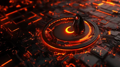 Futuristic circuit core with illuminated central device in red.