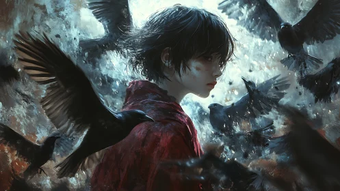 Solitary youth amid circling ravens in stormlit abstract sky