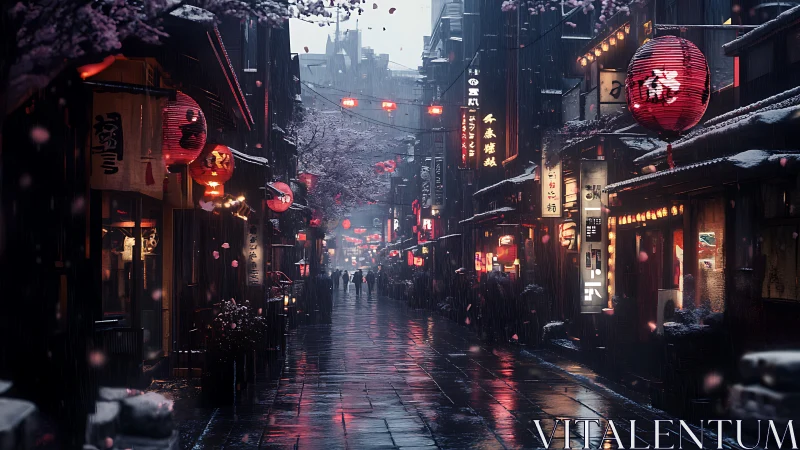 Rainy lantern street glowing with cherry blossom warmth.