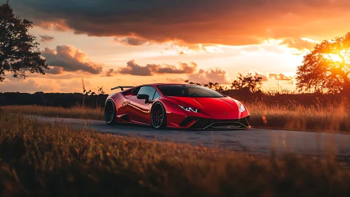 Red sports coupe on rural road under sunset sky.
