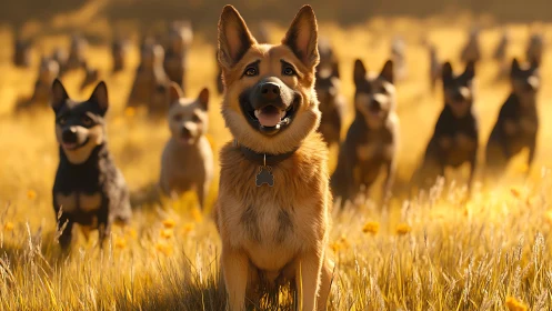 Dog group in sunlit field with central tan shepherd figure.