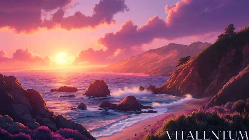 Sunlit surf drapes lavender shores in glowing Pacific hush