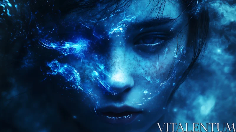 Human face integrates with blue luminous fluid and vapor effects