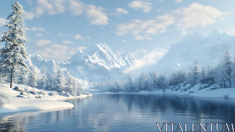 Snow-draped alpine peaks reflect over a tranquil winter lake.