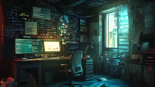 Cyberpunk hacker workspace rendered in moody teal neon light