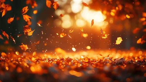 Autumn leaves suspended above forest floor in warm light.