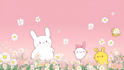 Cartoon animal characters among daisies on pink gradient sky.