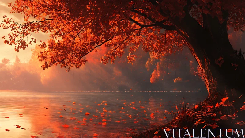 Golden autumn tree glowing softly beside a quiet lake.