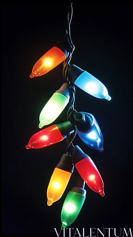 Multicolor holiday string lights glow against deep black