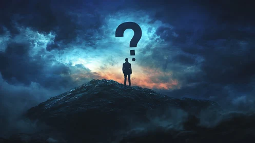 Solitary silhouette under question mark in stormy landscape.