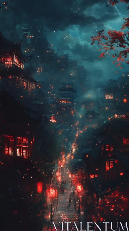 Lantern lit mountainside street glows under a stormy night sky