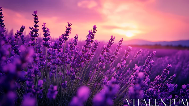 Lavender sunset glow over peaceful purple flower fields.