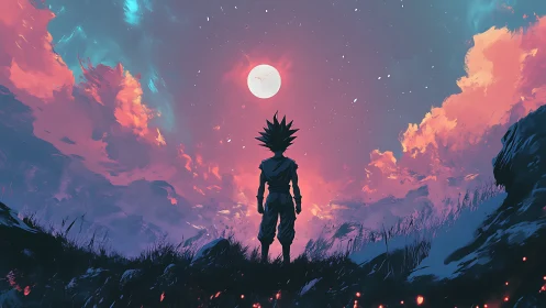 Silhouetted warrior under neon dusk sky and glowing moon.