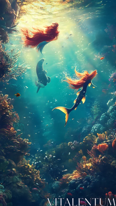 Mermaid swims through sunlit coral reef with marine life
