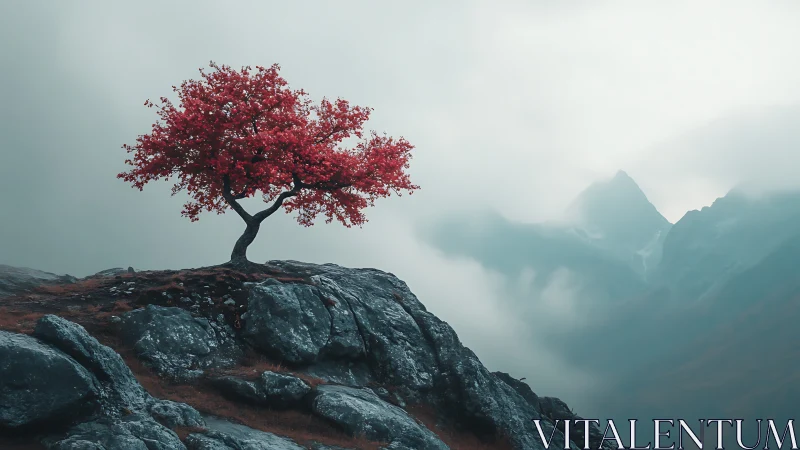 Solitary crimson tree on misty mountain ridge in overcast light.