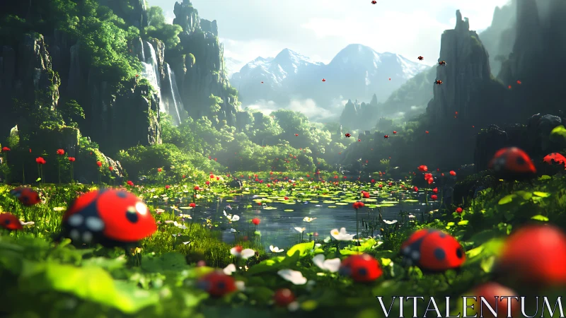 Ladybugs in lush mountain valley with lotus pond scene.