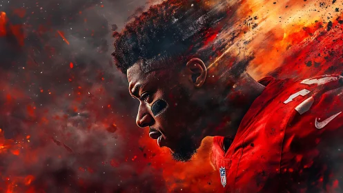 Focused football player emerges through blazing abstract smoke