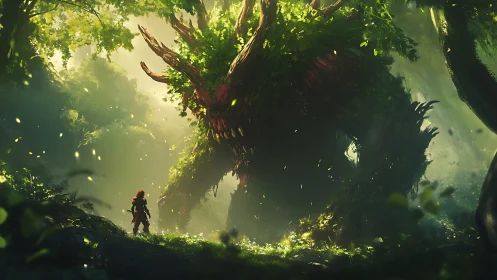 Forest giant stares down ember-cloaked wanderer at dawn.